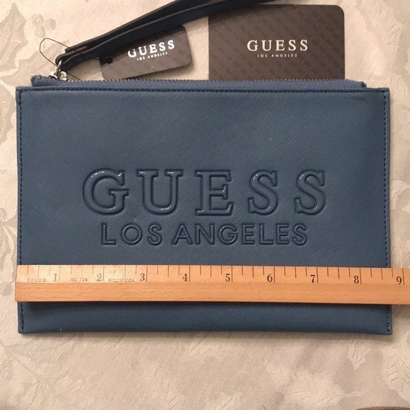 Brand New Guess Los Angeles Rodney SLG Zippered Denim Blue Wristlet - Picture 10 of 13